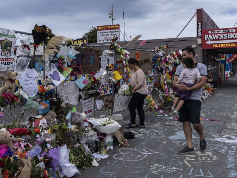 A makeshift memorial to the 51 victims of Australian terrorist Brenton Tarrant outside the Linwood Mosque in Christchurch on March 25, 2019. It marked the worst mass shooting in New Zealand history.