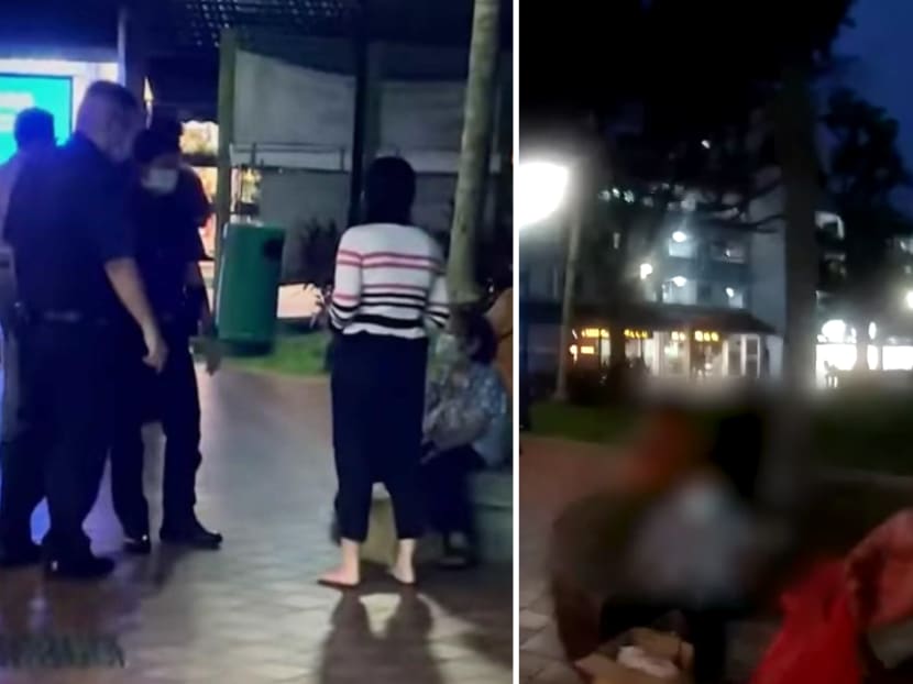 A screen grab from an online post that accused police officers of bullying an elderly woman in Yishun for not wearing a mask (left). Footage from a police officer’s body-worn camera shows police handing food to a woman (right).