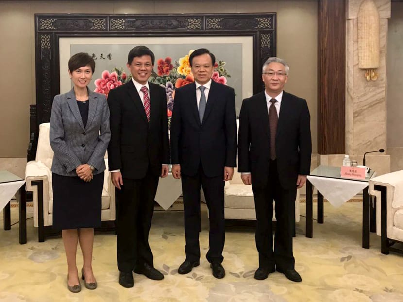 From left: Minister in Prime Minister's Office Josephine Teo, Minister in the Prime Minister’s Office Chan Chun Sing, Chongqing Party Secretary Chen Min’er and Chongqing Mayor Zhang Guoqing at the third Joint Implementation Committee meeting of the CCI. Photo: MTI From left: Minister in Prime Minister's Office Josephine Teo, Minister in the Prime Minister’s Office Chan Chun Sing, Chongqing Party Secretary Chen Min’er and Chongqing Mayor Zhang Guoqing at the third Joint Implementation Committee meeting of the CCI. Photo: MTI