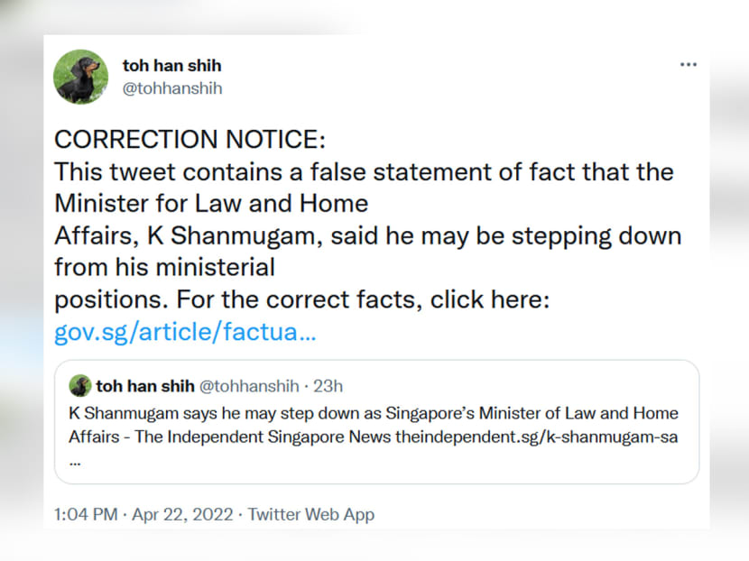 A screenshot of Mr Toh Han Shih's Twitter account showing a Pofma correction notice appended to a tweet Mr Shih had sent on April 21, 2022.