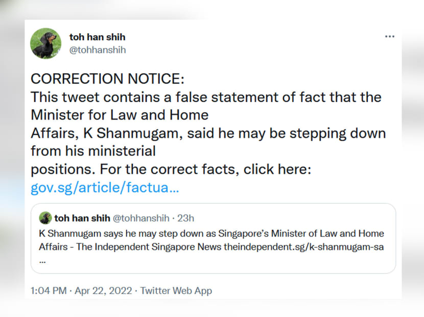 A screenshot of Mr Toh Han Shih's Twitter account showing a Pofma correction notice appended to a tweet Mr Shih had sent on April 21, 2022. A screenshot of Mr Toh Han Shih's Twitter account showing a Pofma correction notice appended to a tweet Mr Shih had sent on April 21, 2022.