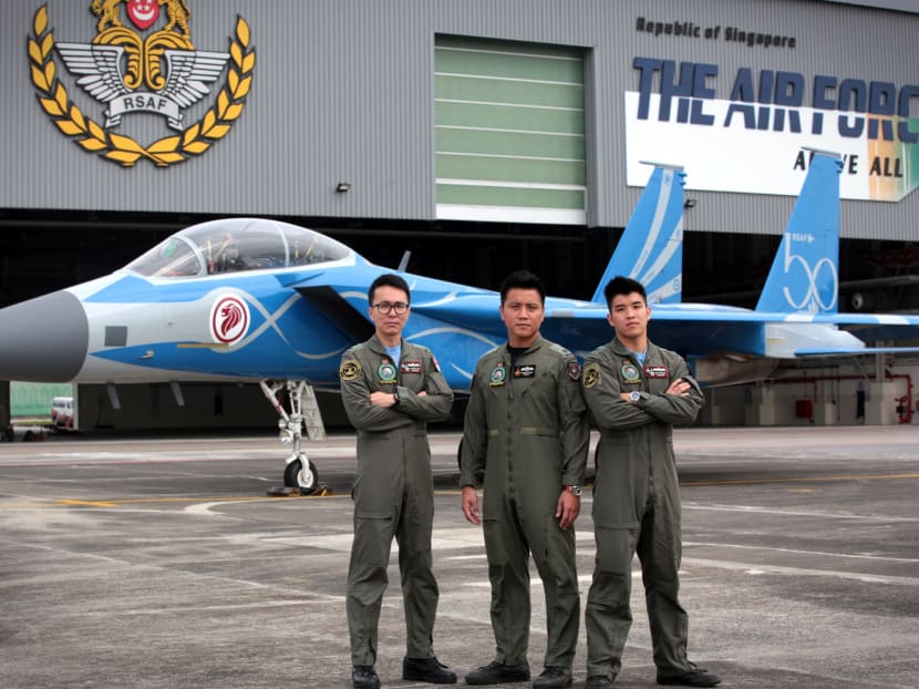 L-R MAJ Lloyd Lin, MAJ (NS) Freddie Lim and CPT Lim Cheng Zhong,  participants in the NDP aerial display.