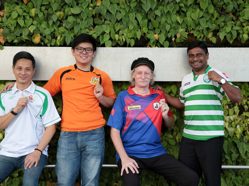 S-League enthusiasts Collin Chee, Kelvin Yap, Chris Harvey and Shankar pose for a photo on Jan 5, 2017. Photo: Jason Quah
