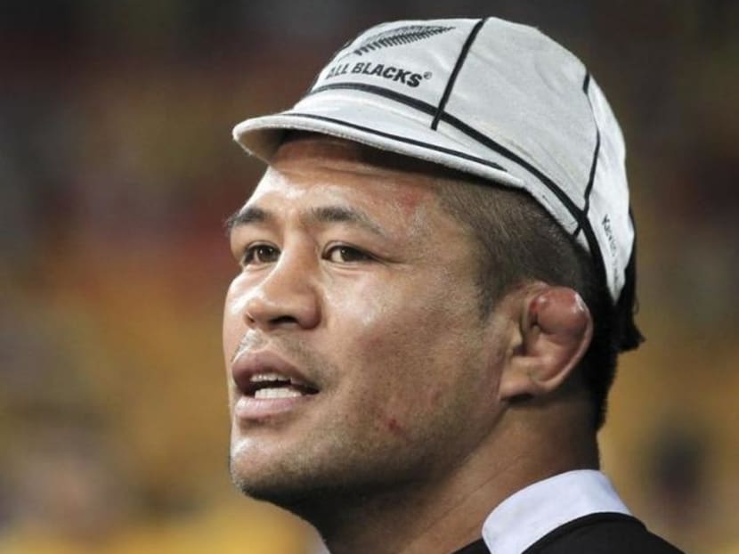 New Zealand All Blacks' Keven Mealamu wears a ceremonial cap signifying his 100th test match for New Zealand after their Bledisloe Cup rugby union test match against the Australian Wallabies in Brisbane, on October 20, 2012. Photo: Reuters