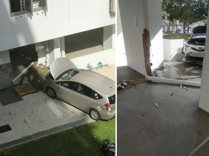The side of the pillar that was hit by the car was damaged to the point that its underlying bricks were showing. Chunks of the bricks had broken off and were seen strewn on the ground.