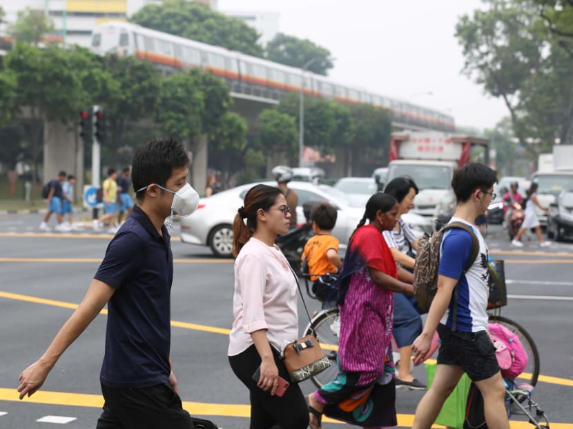 Hazy conditions in Singapore on Sept 18, 2019. The writer found that during the major haze incident in 2015, a 100 per cent increase in the PSI was associated with an average increase of 14.3 per cent in hourly water consumption. Hazy conditions in Singapore on Sept 18, 2019. The writer found that during the major haze incident in 2015, a 100 per cent increase in the PSI was associated with an average increase of 14.3 per cent in hourly water consumption.