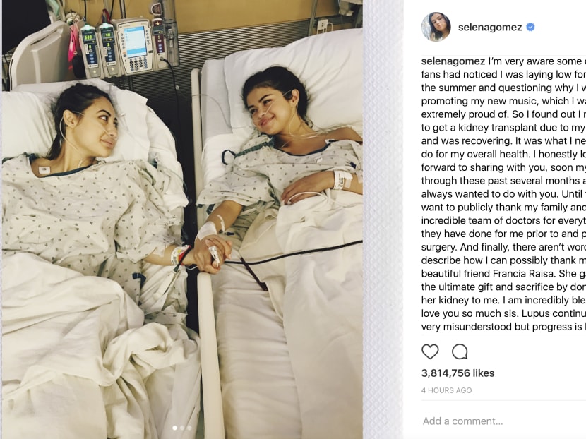 In this undated image posted on Selena Gomez's Instagram account on Sept 14, 2017, Gomez (right) holds hands with actress Francia Raisa in a hospital. Photo: Selena Gomez/Instagram via AP