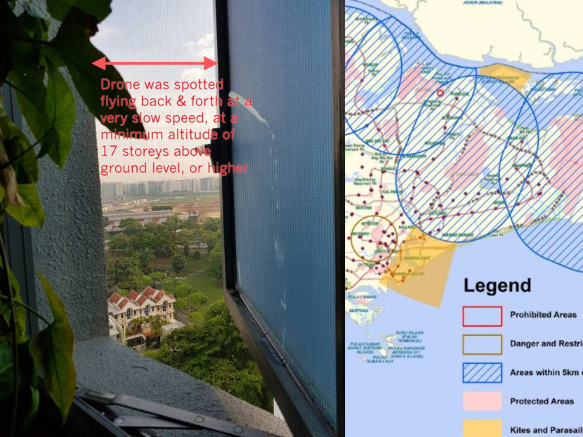 Ms Amelia Yeo said that her toilet window “is always open” as she lives on the 17th floor and “nothing is directly outside”. On the right, a map on the Civil Aviation Authority of Singapore's website showing the permitted areas for flying unmanned aircrafts.