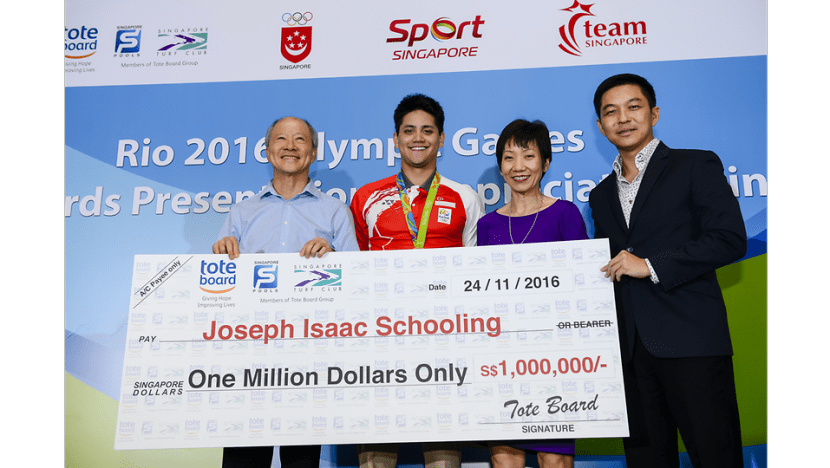 Joseph Schooling receives S$1 million prize for Olympic gold Joseph Schooling receives S$1 million prize for Olympic gold