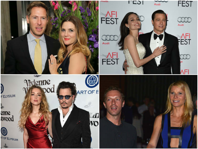 Clockwise from top left: Drew Barrymore and Will Kopelman, Angelina Jolie and Brad Pitt, Chris Martin and Gwyneth Paltrow, Amber Heard and Johnny Depp. Photos: AFP
