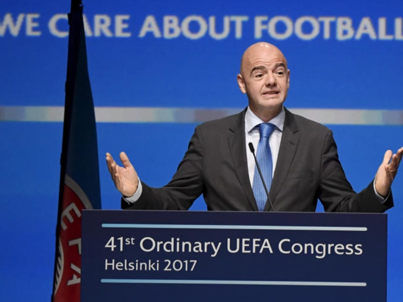 FIFA president Gianni Infantino speaking during the 41st Ordinary UEFA Congress on Wednesday (April 5) in Helsinki, Finland. It's been more than a year since FIFA landed a global sponsor of its flagship World Cup. In March 2016, Chinese property and cinema giant Wanda Group signed a four-tournament deal through 2030. PHOTO: AP