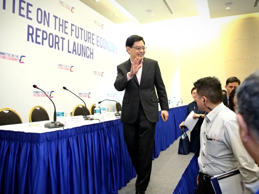 Finance Minister Heng Swee Keat arriving for the press conference for the Committee on the Future Economy. Photo: Nuria Ling/TODAY
