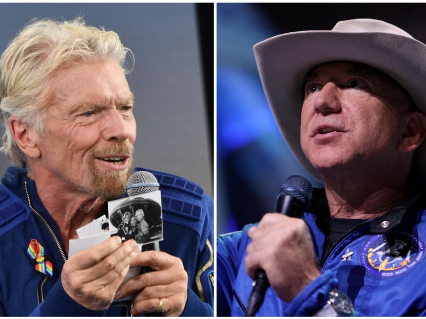 Sir Richard Branson speaks after flying into space aboard a Virgin Galactic vessel at Spaceport America near Truth and Consequences in New Mexico, US on July 11, 2021 (left). Mr Jeff Bezos speaks about his flight on Blue Origin’s New Shepard into space during a press conference on July 20, 2021 in Van Horn, Texas, US (right).