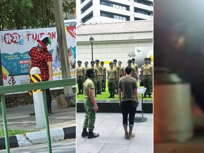 (From left) The clown incident on Sept 20, 2021, a "platoon" taking orders in Raffles Place on Aug 2, 2013 and a "wild bear" rummaging through a bus stop rubbish bin along Ulu Pandan Road on Oct 13, 2010 are among the controversial stunts that have disproved the old saying that “any publicity is good publicity”.