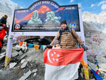 Mr Zikri Ali and his son Abyan at the Mount Everest base camp on April 29, 2024.