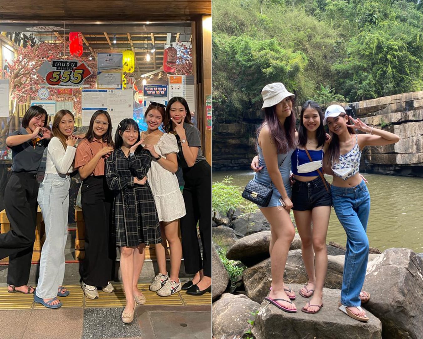 In the left photo, the author (second from right) was at a farewell dinner with the Thai friends she had met on her previous exchange programme. In the right photo, she (in the middle) was on a trip with her Thai friends to Khao Kho in Phetchabun province. 