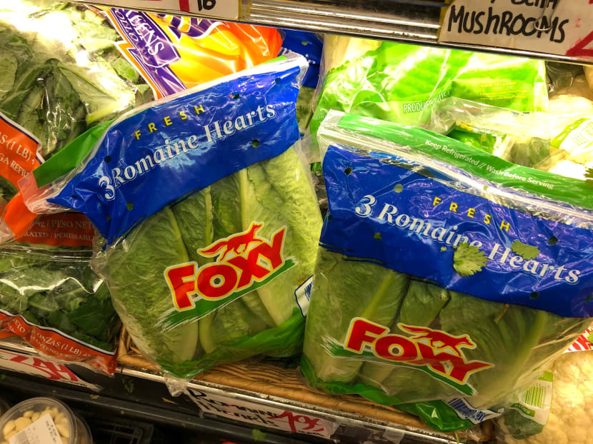 Romaine lettuce is displayed on a grocery store shelf in New York City.