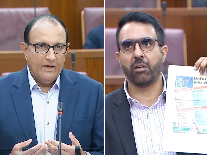 Workers' Party chief Pritam Singh (right) asked Communications and Information Minister S Iswaran (left) if there will be any structures that would safeguard editorial independence for a new non-profit media entity.