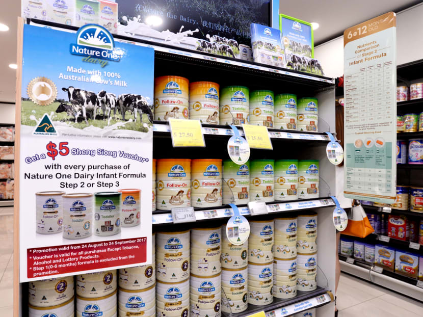 Singapore-owned manufacturer Nature One Dairy's formula milk products on the shelves of Sheng Siong, on August 24, 2017. Photo: Robin Choo/TODAY
