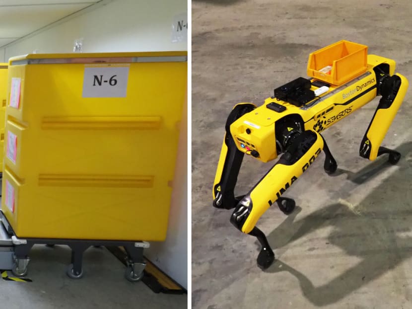 Left: The delivery robots that will carry shelves of packed food to 12 collection points for residents. Right: A four-legged robot named Spot, which could help with medicine delivery and temperature taking in the future.