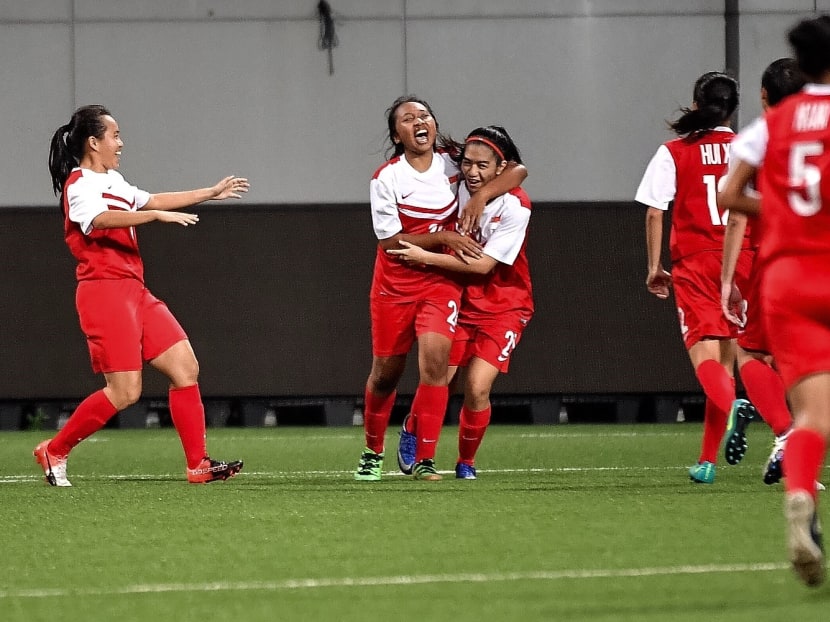 The Lionesess celebrating a goal scored against Bangladesh. Photo: Lim Weixiang