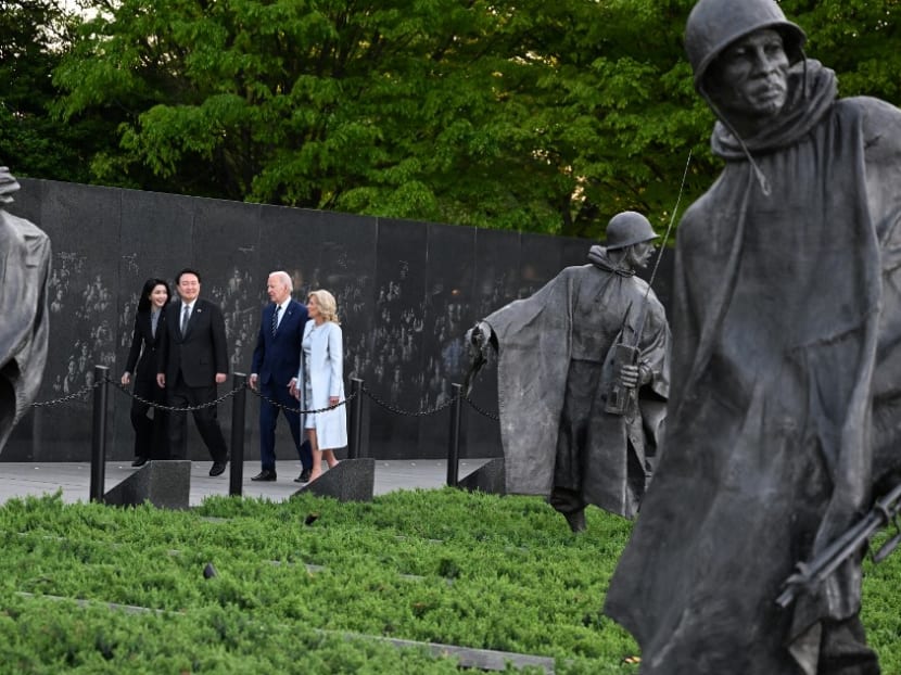 US President Joe Biden, First Lady Jill Biden, South Korea President Yoon Suk Yeol and First Lady Kim Keon Hee, visit the Korean War Veterans Memorial in Washington, DC on April 25, 2023.