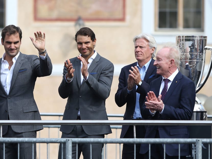 (From left) Roger Federer, Rafael Nadal, Bjorn Borg and Rod Laver during the ceremony at the Old Town Square in Prague, Czech Republic. Photo: Reuters