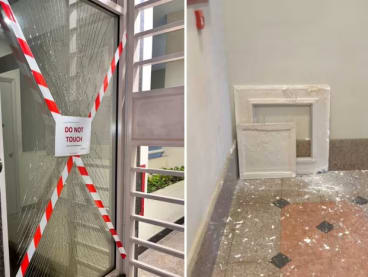 In photos provided by CNA readers, damage can be seen at Hazel Park condominium following a World War II bomb disposal at Upper Bukit Timah on Sept 26, 2023.