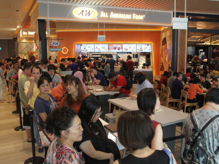A snaking queue is seen at the A&W outlet at Jewel Changi Airport. A snaking queue is seen at the A&W outlet at Jewel Changi Airport.