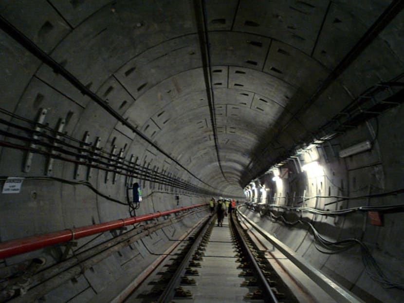 A view of an MRT tunnel. As part of measures to mitigate the environmental impact of the new Cross island Line, the tunnel will be built about 70m below average ground level. A view of an MRT tunnel. As part of measures to mitigate the environmental impact of the new Cross island Line, the tunnel will be built about 70m below average ground level.