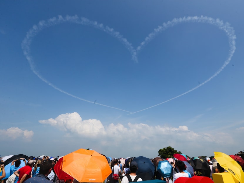 Photo of the day: Two fighter jets making the shape of a heart during the last day of the Republic of Singapore Air Force's (RSAF's) aerial display at the Marina Barrage on Sunday (Aug 12). The display was conducted by the RSAF as part of its RSAF50 celebrations, to thank Singaporeans for their strong support through the years.