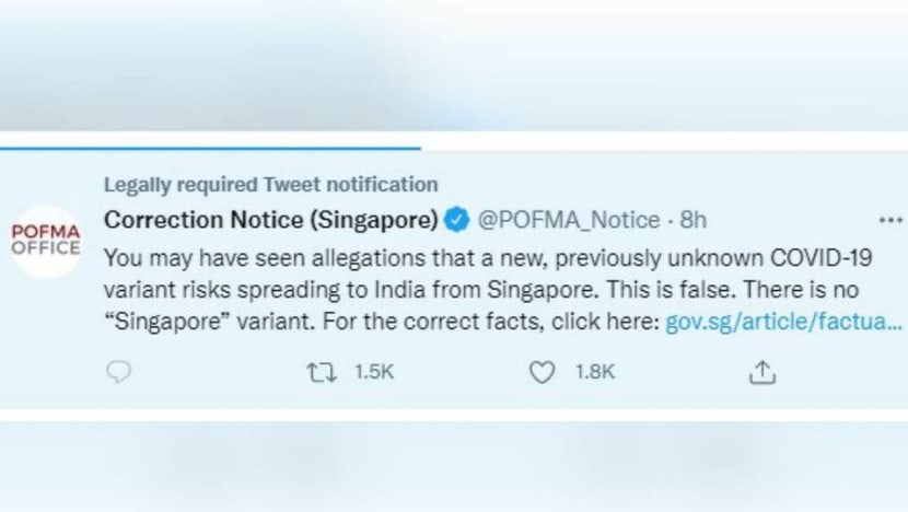 POFMA directive issued to Facebook, Twitter, SPH Magazines over 'Singapore variant' of COVID-19 falsehood POFMA directive issued to Facebook, Twitter, SPH Magazines over 'Singapore variant' of COVID-19 falsehood