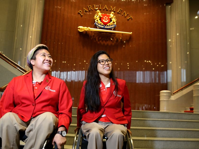 Team Singapore paralympians Theresa Goh (left) and Yip Pin Xiu seen at Parliament House. The Paralympic team were honoured in a parliamentary motion on Nov 7, follwing their successful outing at the Rio 2016 Paralympics. Photo: Koh Mui Fong/TODAY