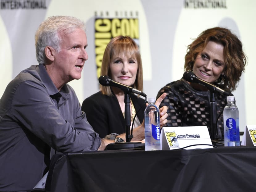 Writer and director James Cameron, from left, producer Gale Anne Hurd, and actress Sigourney Weaver attend the "Aliens" panel on day 3 of Comic-Con International on Saturday, July 23, 2016, in San Diego. Photo: AP