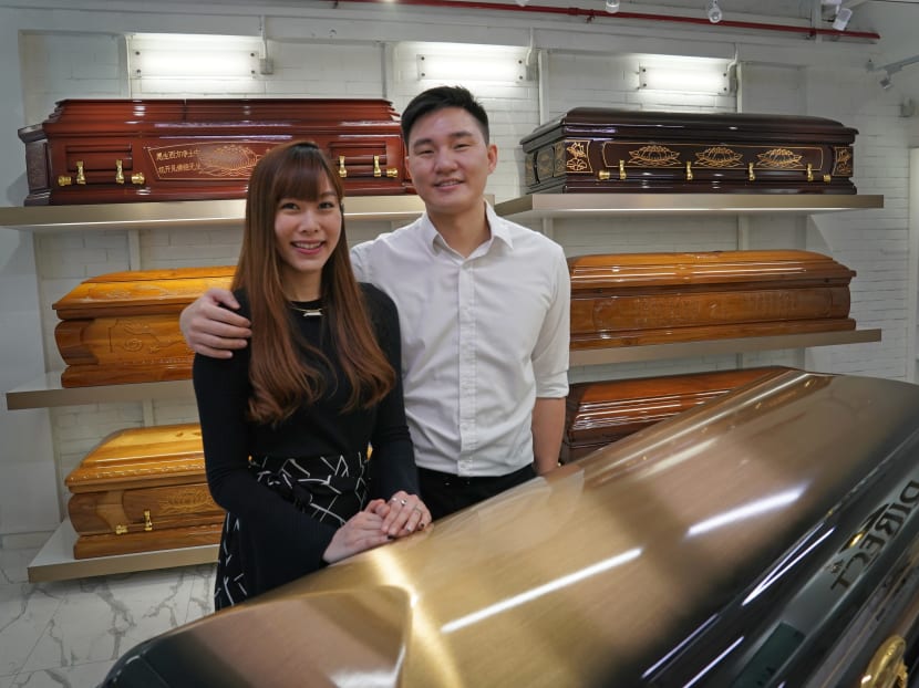 Jenny Tay and husband Darren Cheng of Direct Funeral Services. The company regularly takes in interns from tertiary institutions. Photo: Raj Nadarajan/TODAY