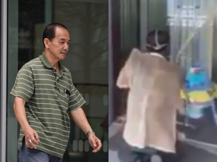 A composite photo showing debt collector Peh Chong Wee (left) in court on Jan 15, 2020, and a screengrab (right) of the online video of Peh dressed in funeral garb.