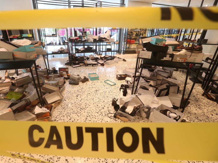 At The Heeren on Sunday, Nov 1, 2020, a section was cordoned off with shoes and boxes strewn on the ground and on the tables.