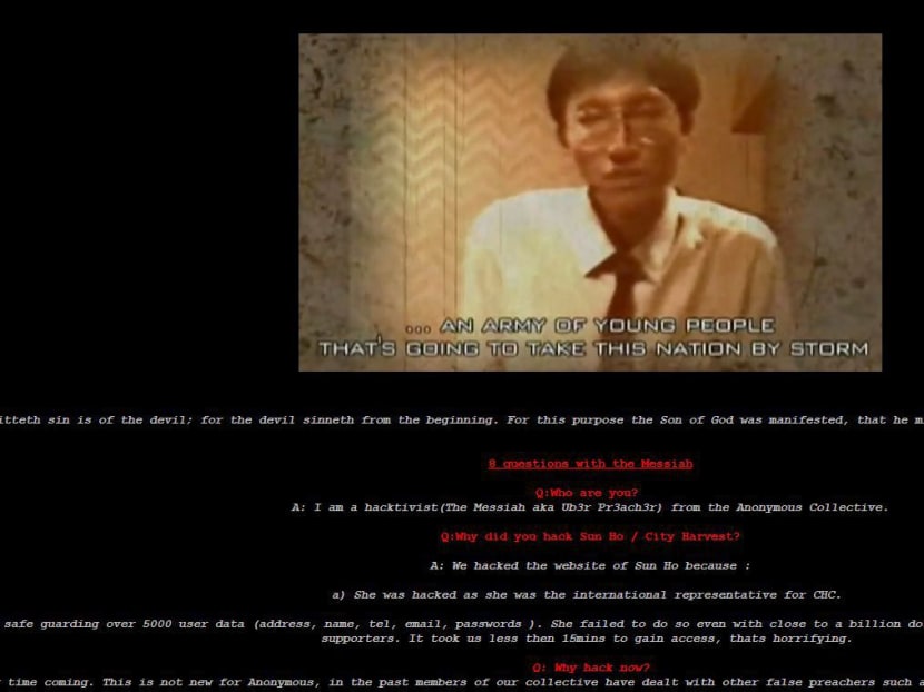 Screengrab of website containing messages allegedly from a hacker who has been targeting City Harvest Church's Sun Ho.