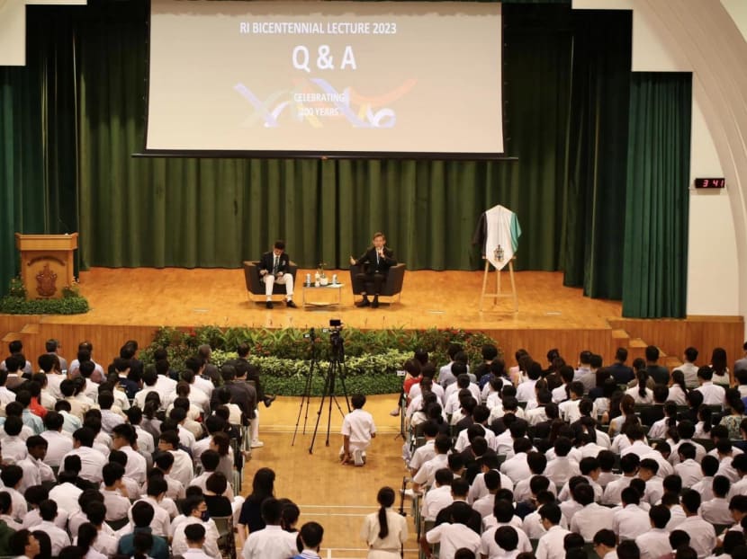 Education Minister Chan Chun Sing at a dialogue with students at Raffles Institution on May 16, 2023. 