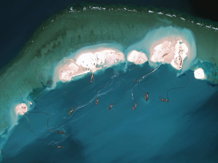 A satellite image from March 16, 2015, shows work on an emerging artificial island at Mischief Reef in the South China Sea. Photo: The New York Times/ Center for Strategic and International Studies, via Digital Globe