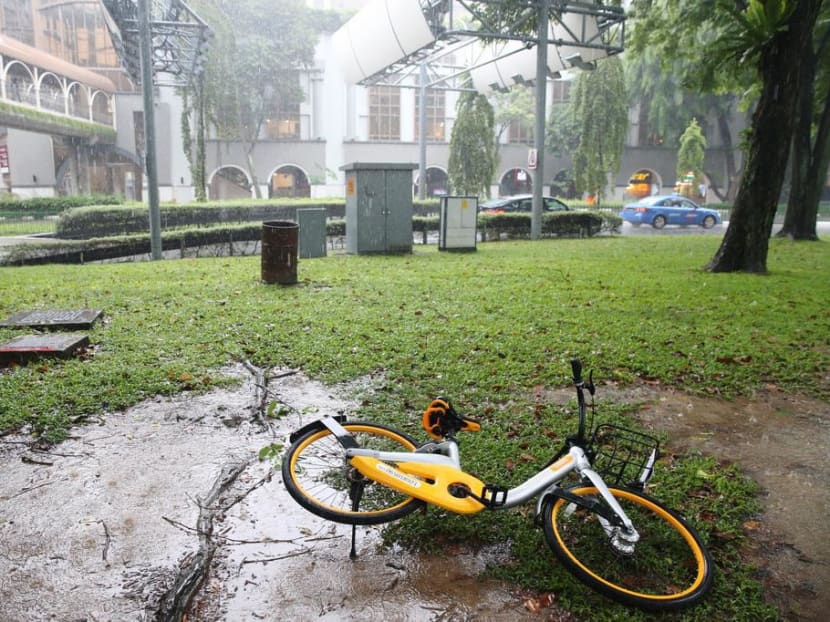 Strewn at bus stops, void decks of housing blocks, pedestrian paths, and other assorted public places are bicycles from bike-sharing firms that are left abandoned in various stages of disrepair. TODAY file photo