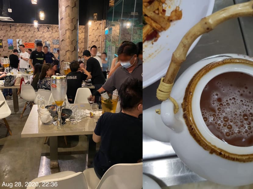 The Whimsical Bar (left) did not have a food shop licence and was fined S$1,000. S-Tripes Hotpot restaurant served alcohol that was hidden in teapots (right), among other offences, and was fined S$2,000.