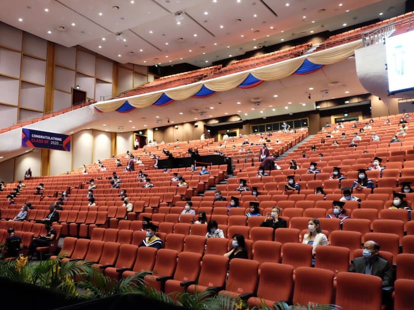 A graduation ceremony held for the 2020 cohort at Nanyang Technological University in March 2021.