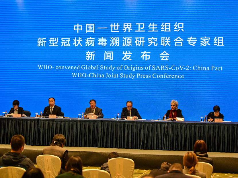 Members of the World Health Organization team at a press conference to wrap up their visit in the city of Wuhan, in China's Hubei province on February 9, 2021.
