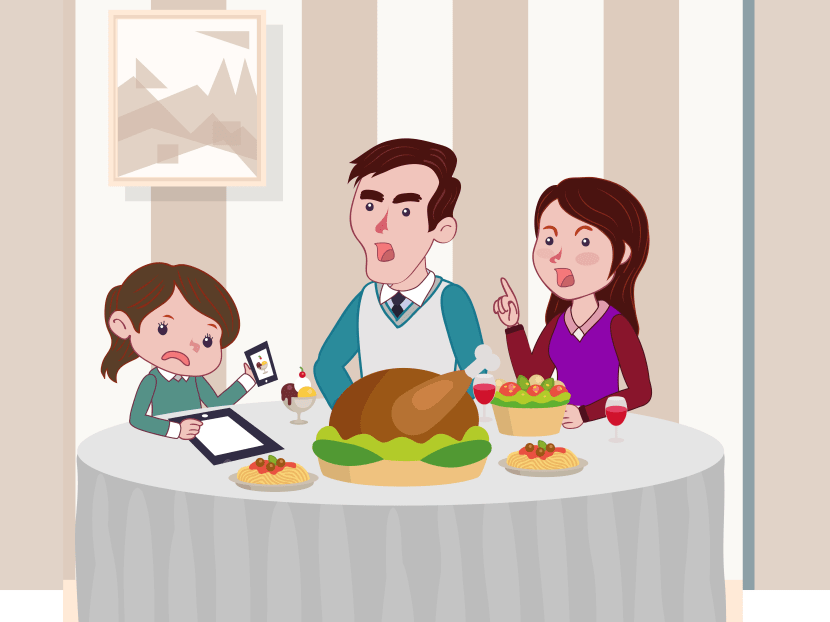According to Dr Chua Siew Eng, it is important to optimise social interaction with your children by placing gadgets face-down and/or removing them from meal times, if possible. Artwork: Kenneth Choy; Freepik