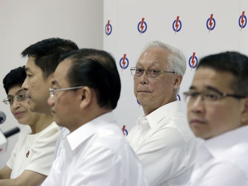 PAP candidates for the Marine Parade GRC at the press conference in Chai Chee today (Aug 26). The party’s slate for
the GRC is (from left) Associate Professor Fatimah Lateef, Social and Family Development Minister Tan Chuan-Jin, Mr Seah Kian Peng, ESM Goh Chok Tong and Mr Edwin Tong. Photo: Wee Teck Hian