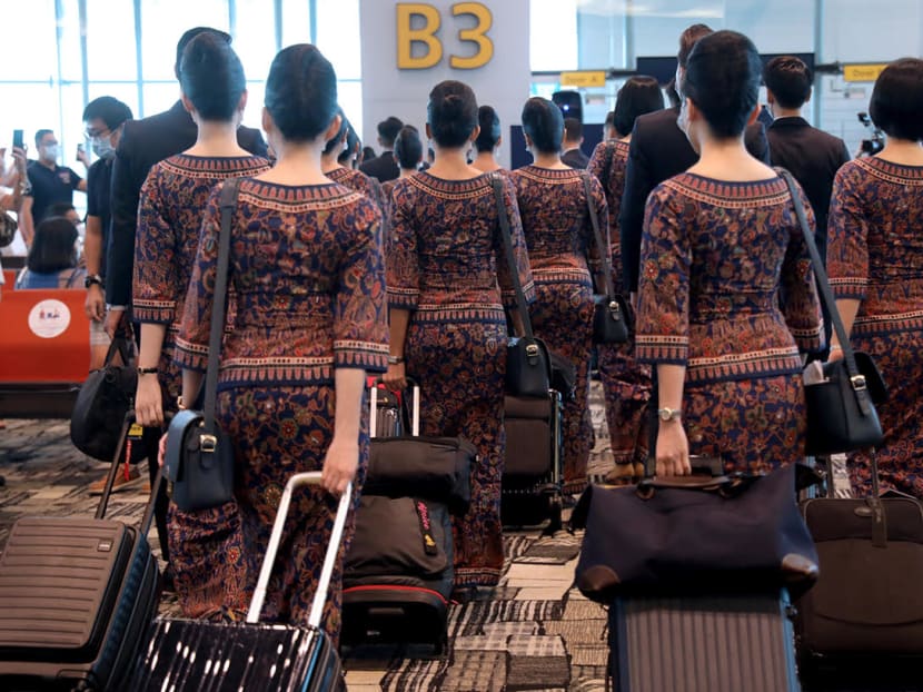 Singapore Airlines stewardesses at Changi Airport on Oct 24, 2020.