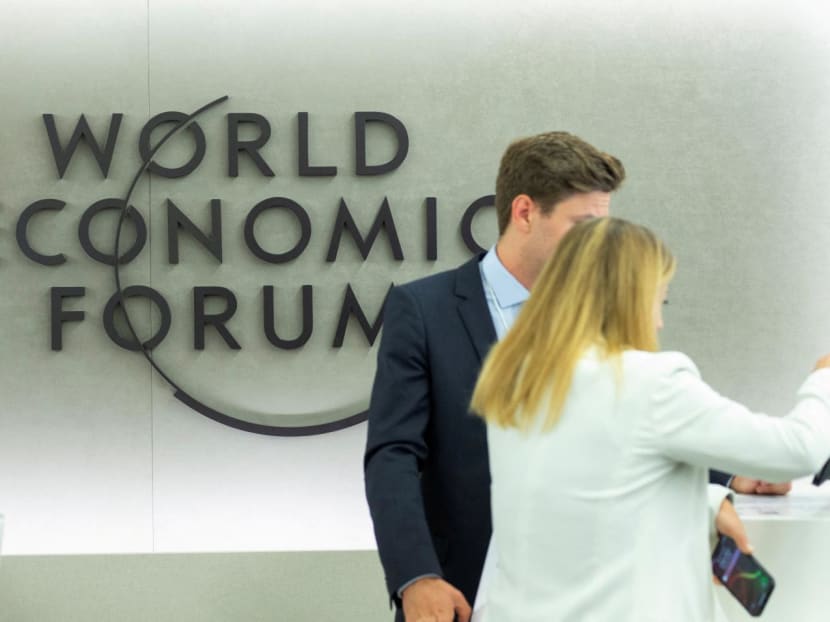 The logo of the World Economic Forum 2022 is seen at the congress center in the Alpine resort of Davos, Switzerland May 25, 2022. 