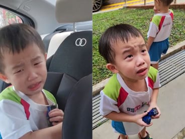 Screengrabs from a TikTok video showing four-year-old Joshua in tears over losing his family's car.