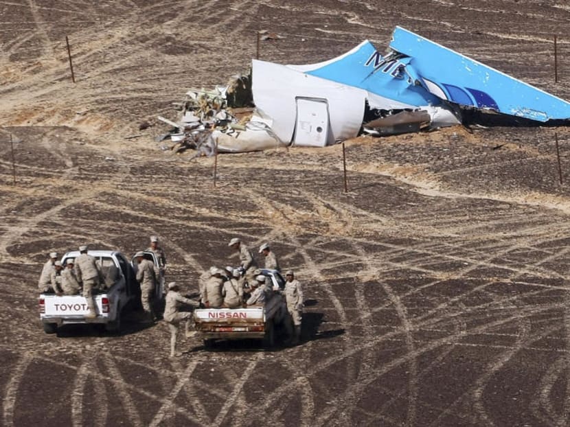 An undated photo from the Russian government of wreckage from the Metrojet charter flight that was headed for St Petersburg when it crashed on the Sinai Peninsula in Egypt not long after takeoff. Photo: The New York Times